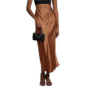 Women's Caramel Brown 100% Polyester Satin A Line Long Elegant Office Maxi Skirt